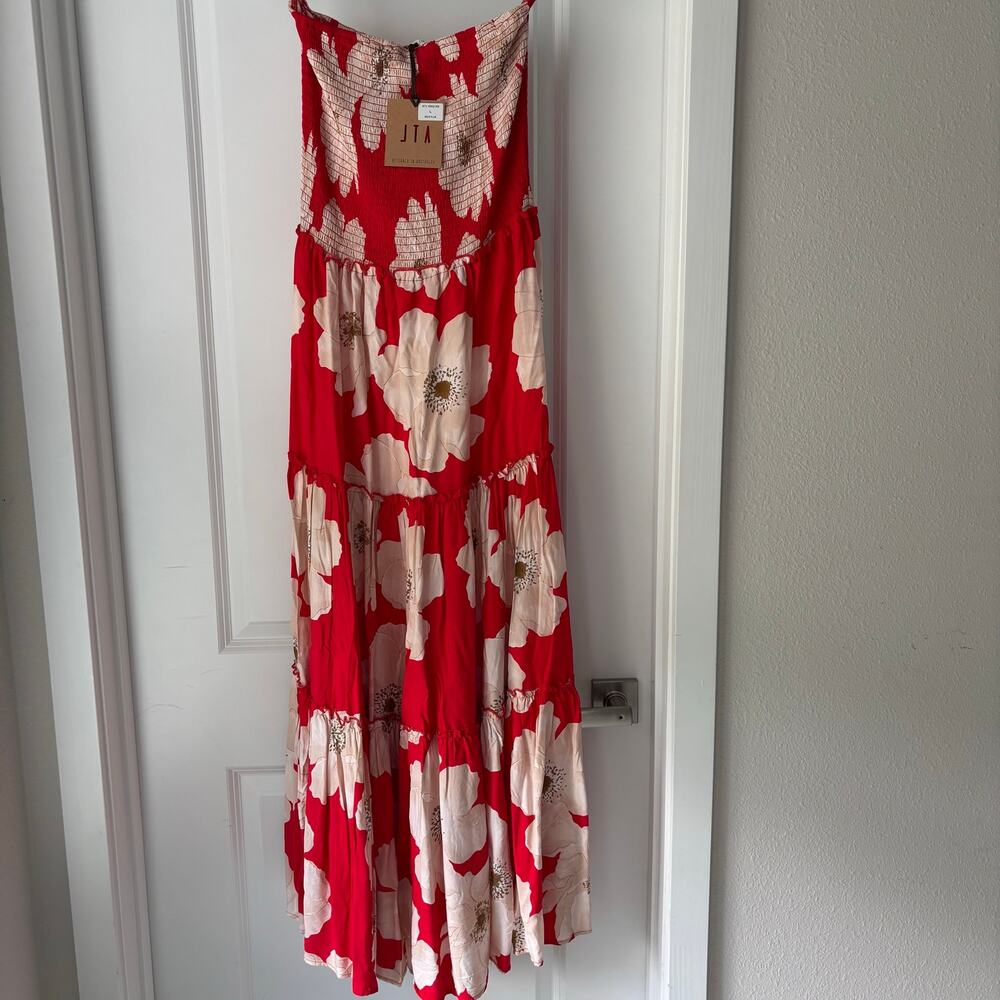 NWT Abel The Label Red + White Tropical Floral Strapless Smocked Bodice Dress L